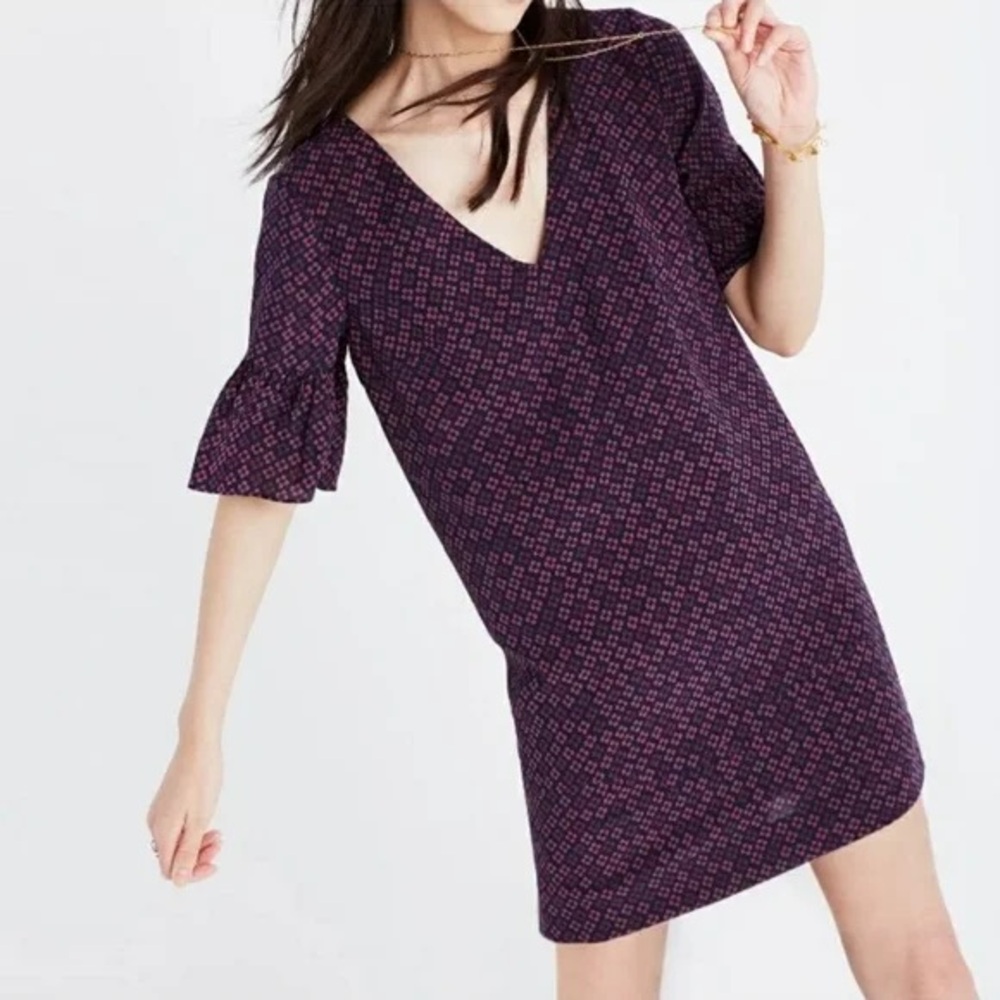 Madewell Painted Clover Silk Bell Sleeve Dress